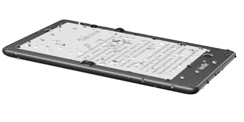 Kindle com gotas de água em cima da tela